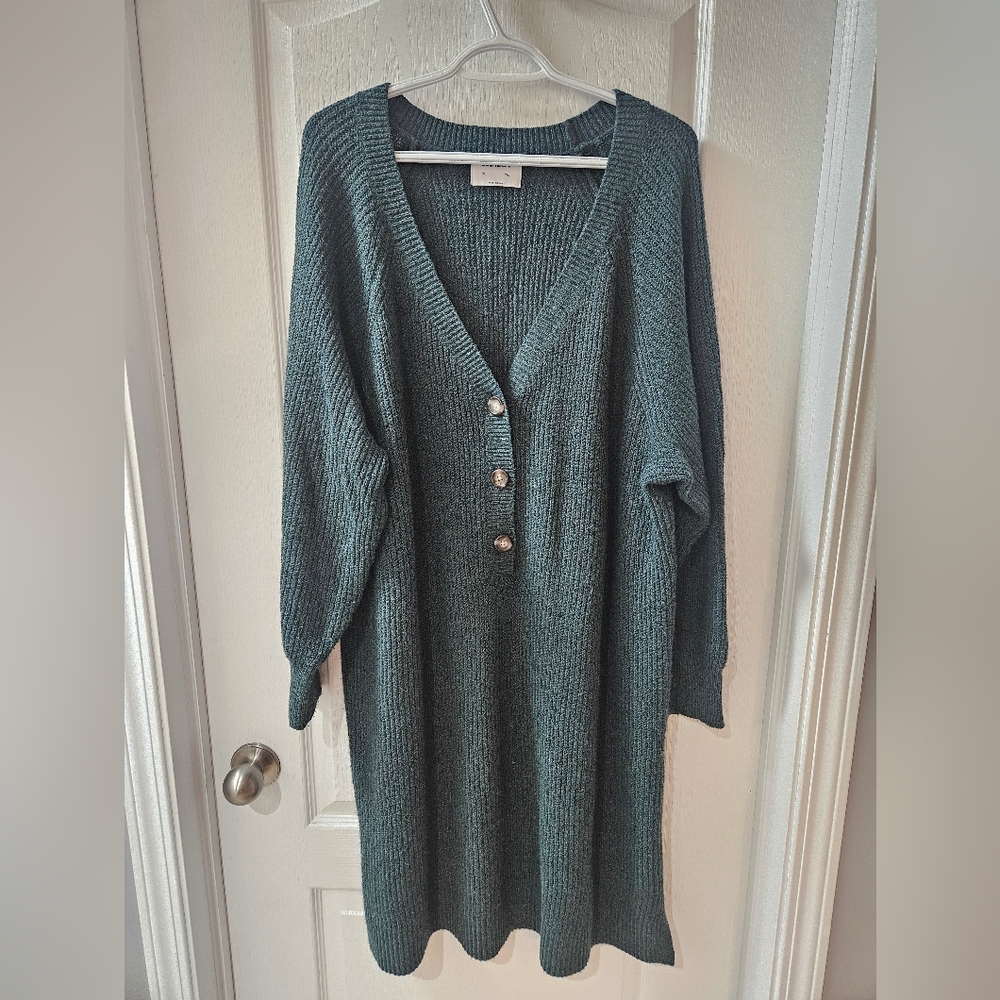 Old Navy Teal Knit Long Sleeve Button-Front Dress